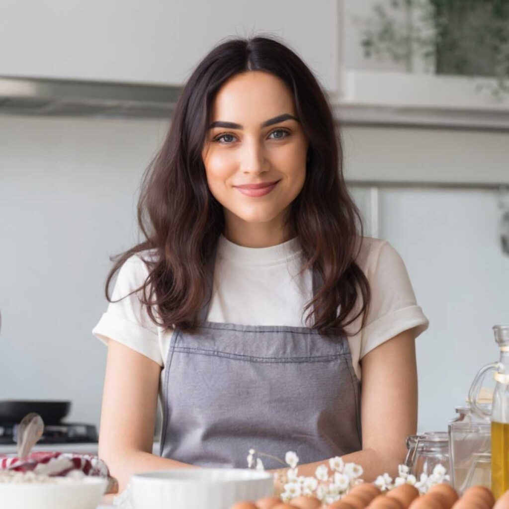 Jasmine cooking in the kitchen with baking ingredients on the table