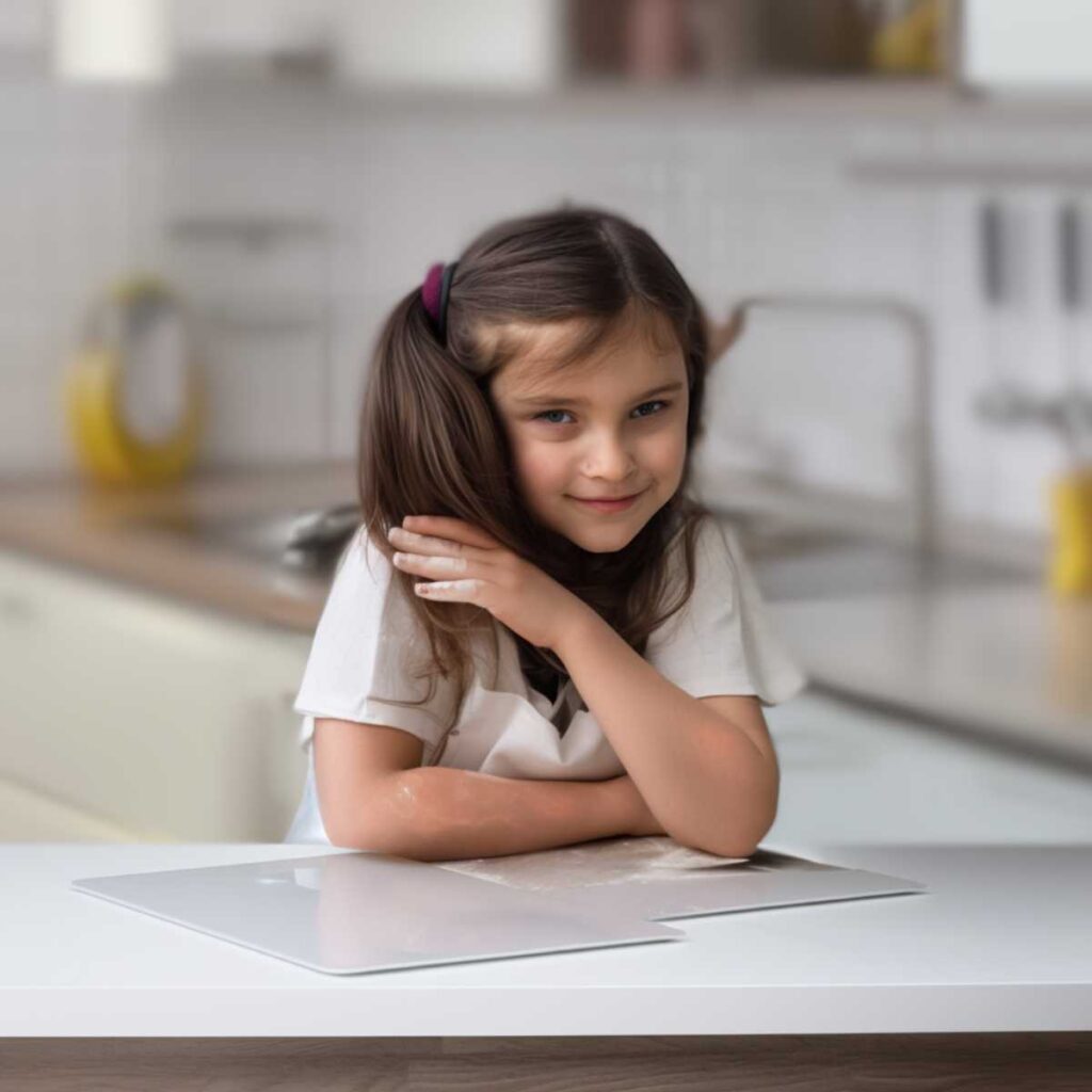 Olivia smiling in the kitchen while helping with baking