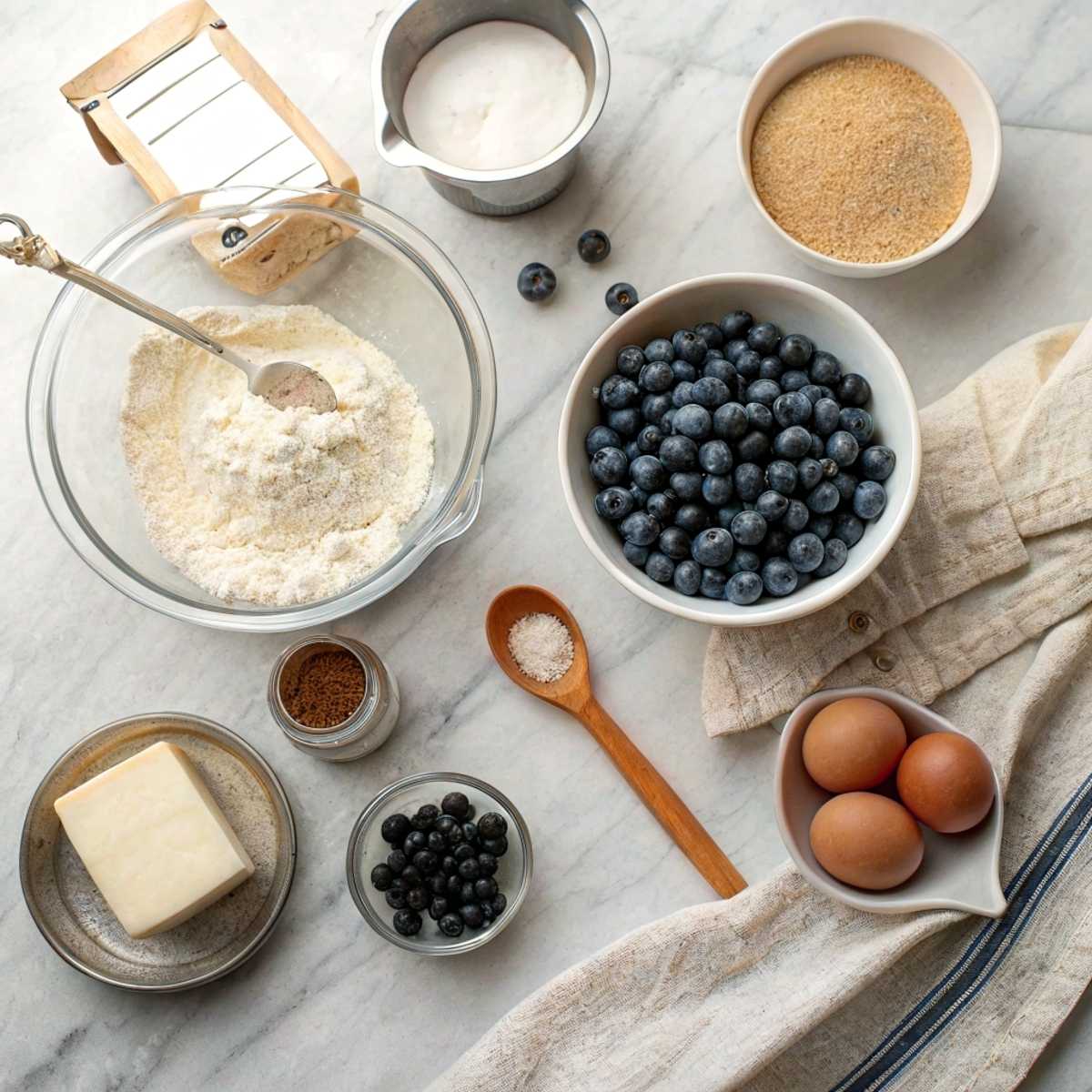 Fresh ingredients for Blueberry Buttermilk Pancake Casserole including buttermilk, fresh blueberries, flour, and brown sugar arranged on a modern marble surface