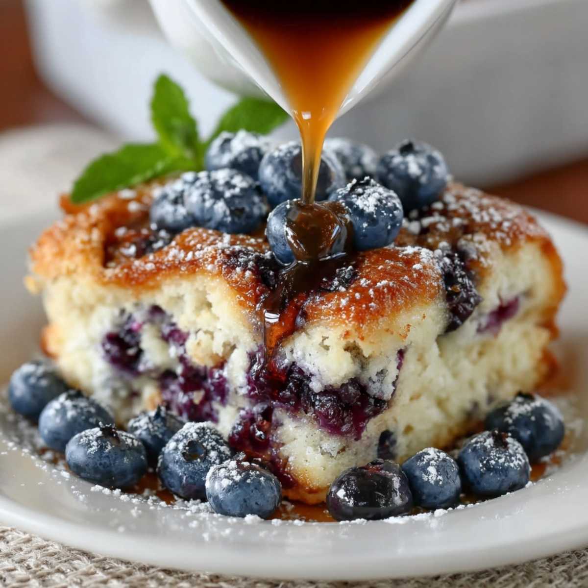 Blueberry Buttermilk Pancake Casserole on a white plate, showcasing its fluffy texture, juicy blueberries, and golden-brown top, with maple syrup being poured over