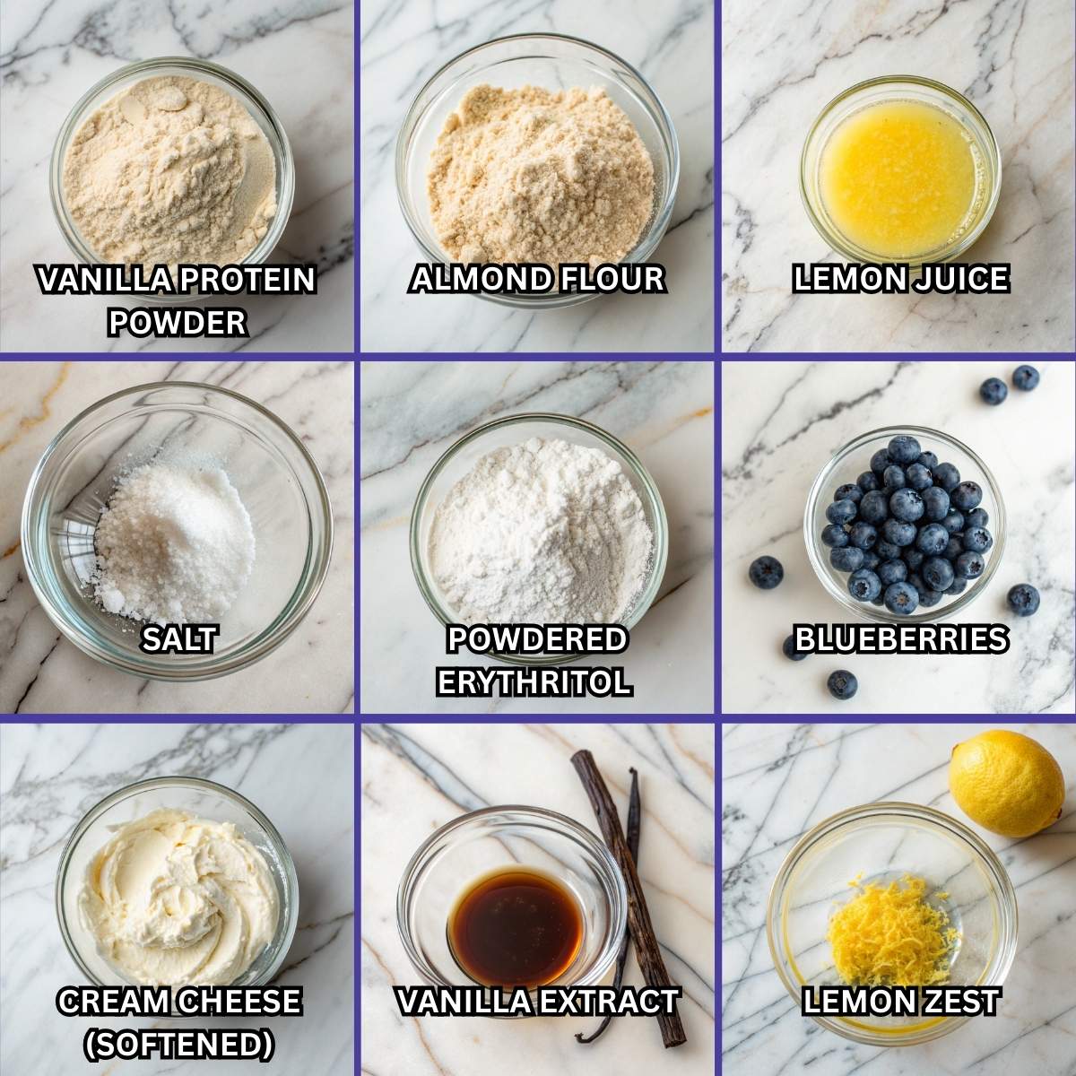 Fresh ingredients for Blueberry Cheesecake Protein Bites including vanilla protein powder, cream cheese, and fresh blueberries arranged on a modern marble surface