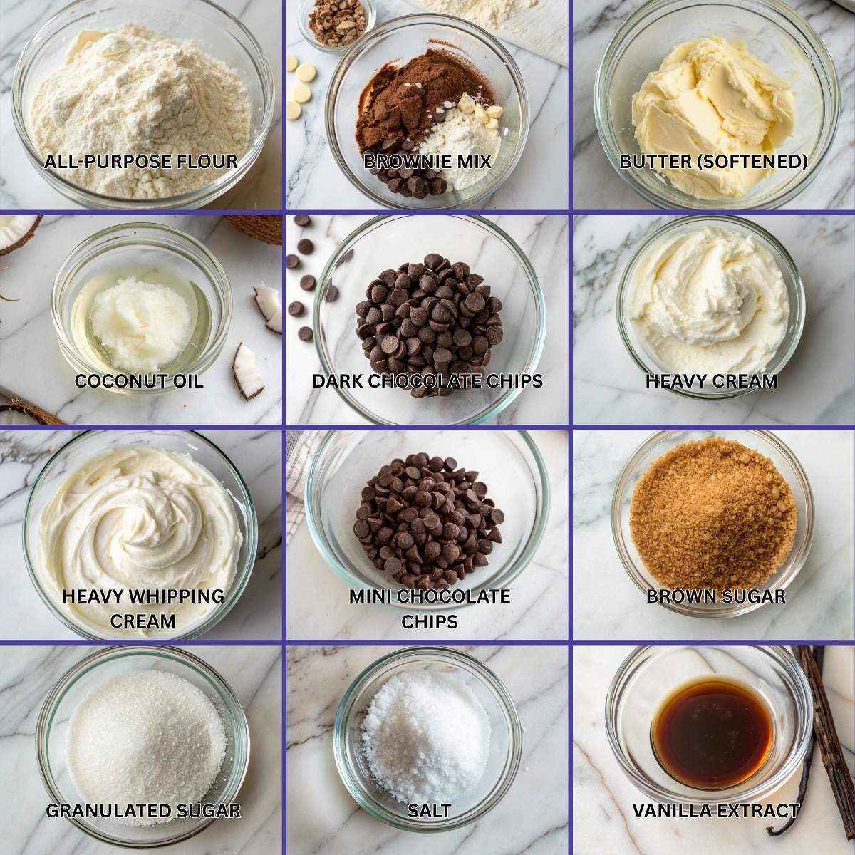 Fresh ingredients for Brownie Cookie Dough Bombs including brownie mix, chocolate chips, and butter arranged on a modern marble surface