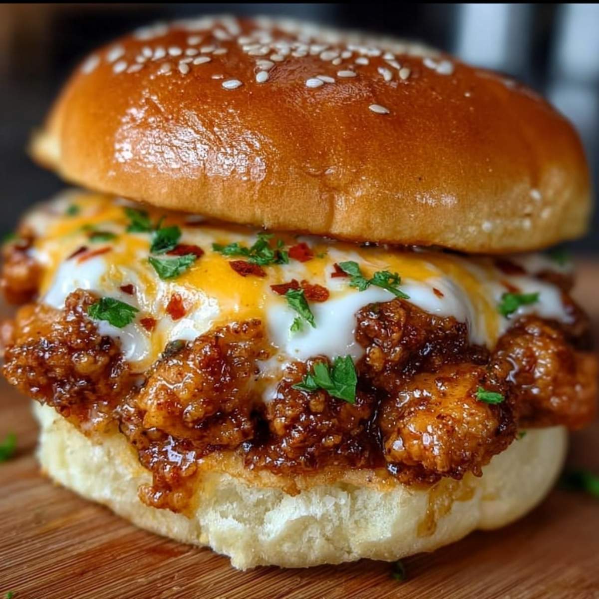 Cajun Chicken Sloppy Joe on a wooden cutting board, showcasing its creamy, cheesy topping with ground chicken and a toasted bun
