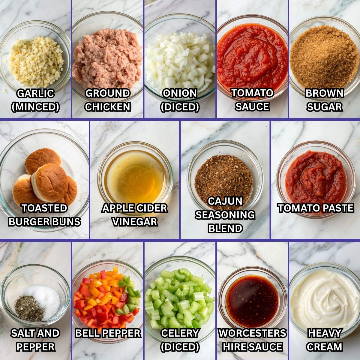 Fresh ingredients for Cajun Chicken Sloppy Joes including ground chicken, diced onion, bell pepper, and celery arranged on a modern marble surface