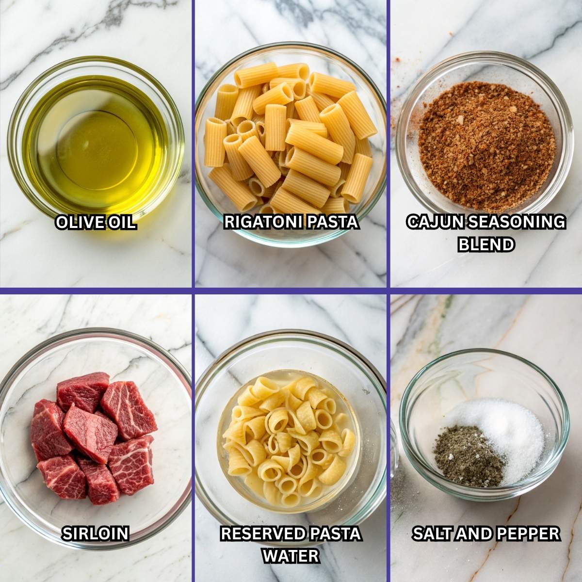 Fresh ingredients for Cajun Steak Tips in Cheesy Rigatoni Parmesan Sauce including sirloin, rigatoni, heavy cream, and Cajun seasoning arranged on a modern marble surface
