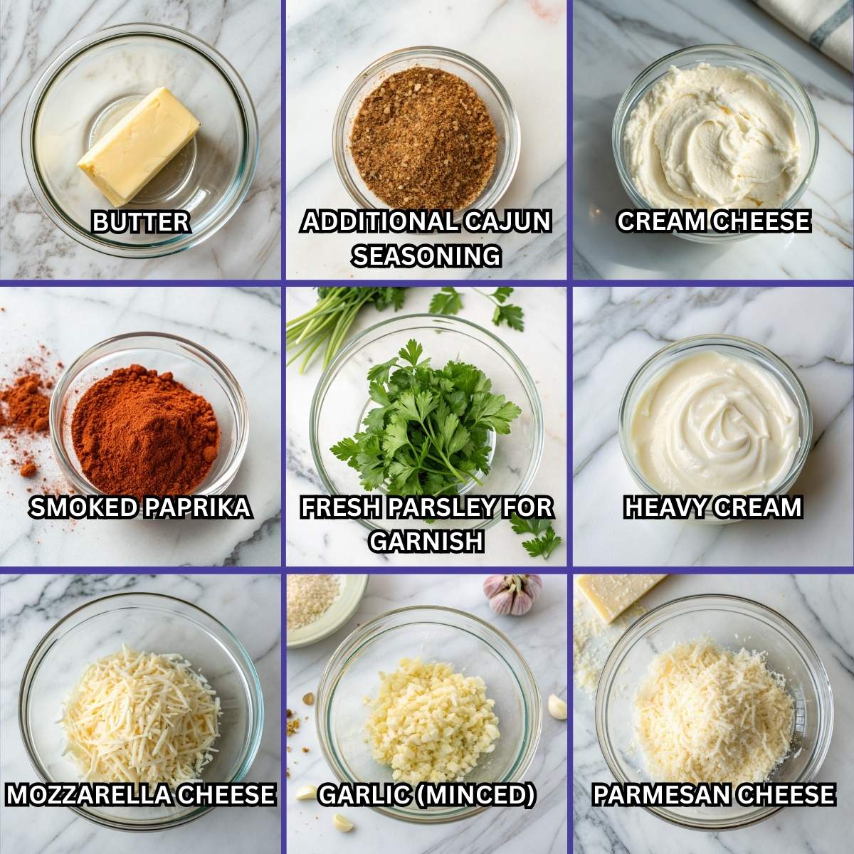 Sauce ingredients for Cajun Steak Tips and Rigatoni: cream cheese, heavy cream, parmesan, and mozzarella arranged in a collage