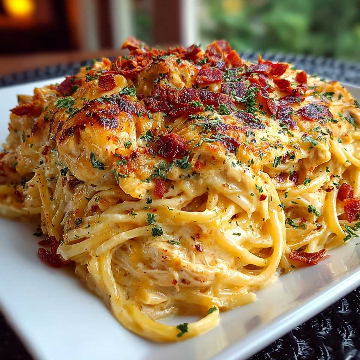 Cheesy Chicken Spaghetti on a white plate, showcasing its creamy sauce, tender chicken, golden-brown topping, and crispy bacon bits with parsley