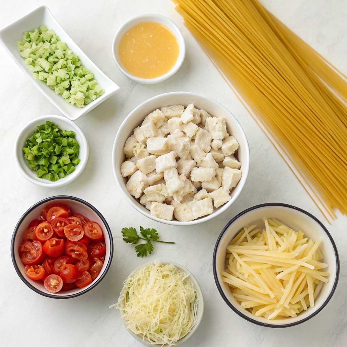 Fresh ingredients for Cheesy Chicken Spaghetti including Velveeta cheese, Rotel tomatoes, spaghetti, and chicken arranged on a modern marble surface