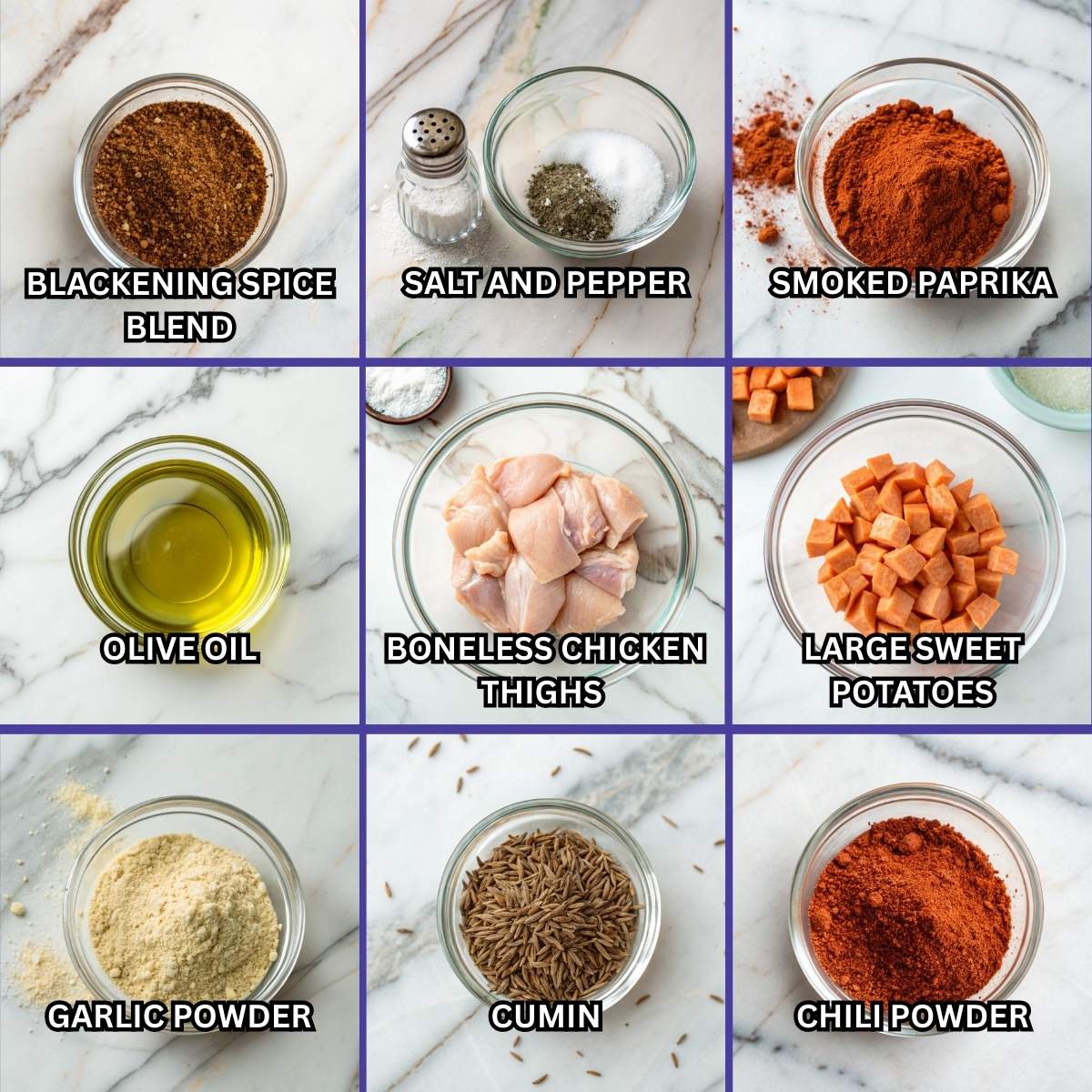 Fresh ingredients for Chicken and Sweet Potato Rice Bowl including boneless chicken thighs, sweet potatoes, and blackening spice blend arranged on a modern marble surface