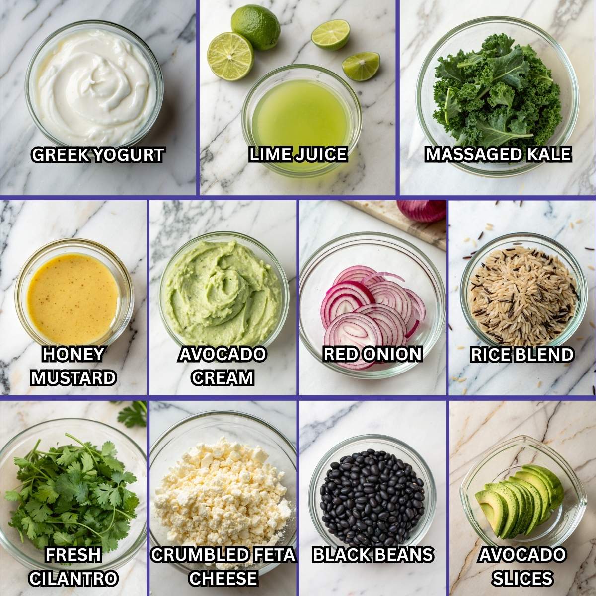 Fresh ingredients for the Chicken and Sweet Potato Rice Bowl toppings and sauce, including feta cheese, avocado, and Greek yogurt, arranged on a modern marble surface