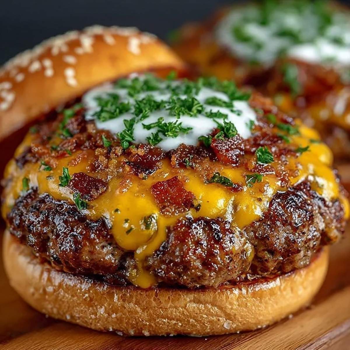A juicy Crack Burger on a wooden board, showcasing its grilled patty and melted cheddar, topped with crispy bacon crumbles and parsley
