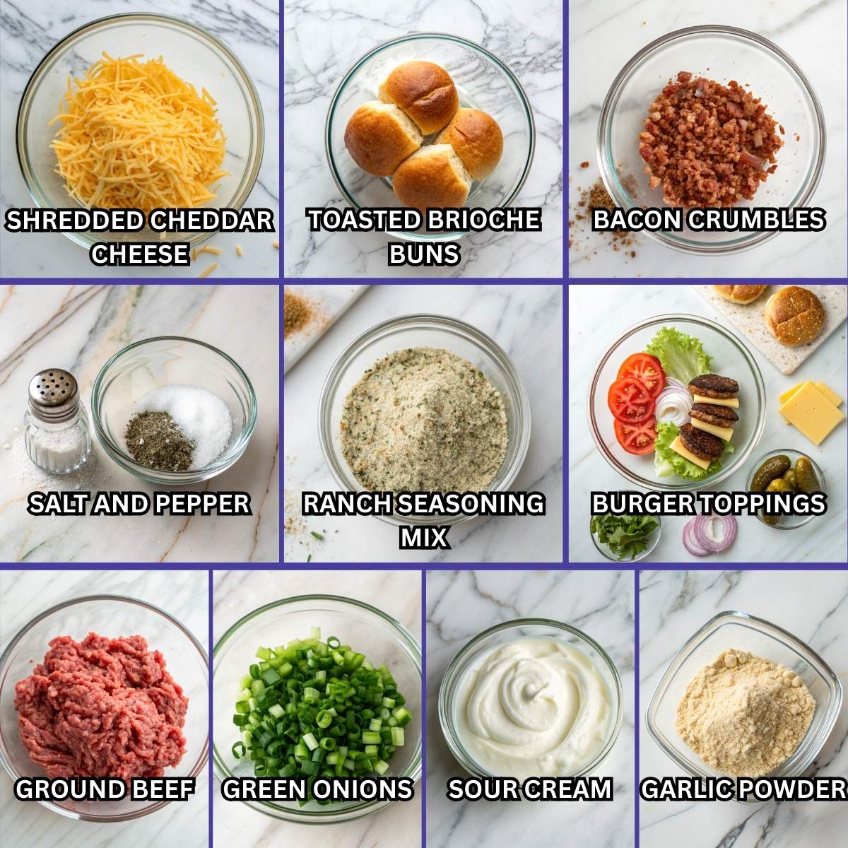 Fresh ingredients for Crack Burgers including ground beef, ranch seasoning mix, bacon crumbles, and cheddar cheese arranged on a modern marble surface