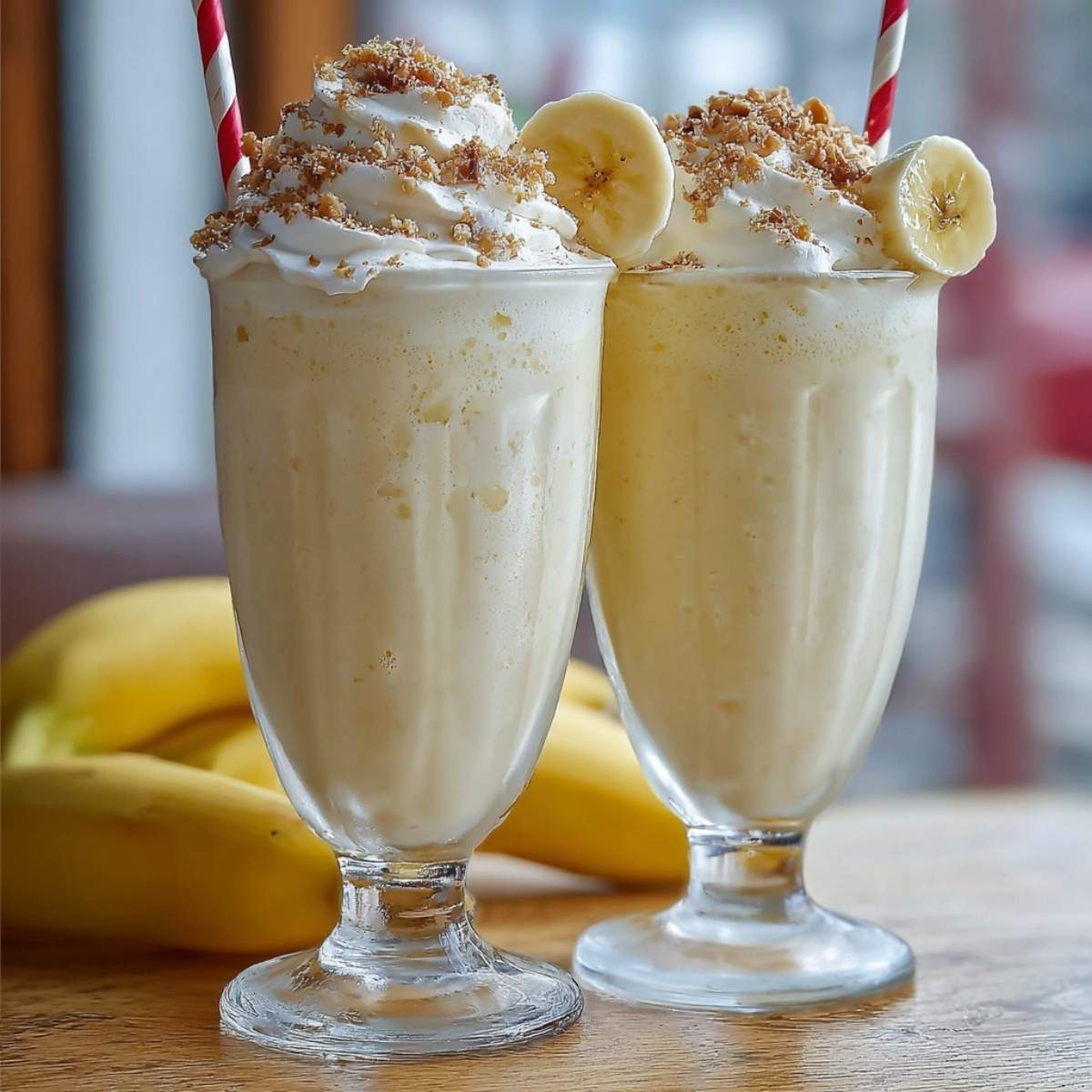 Two glasses of easy banana milkshake with whipped cream and a banana slice garnish, showing off the thick and creamy texture