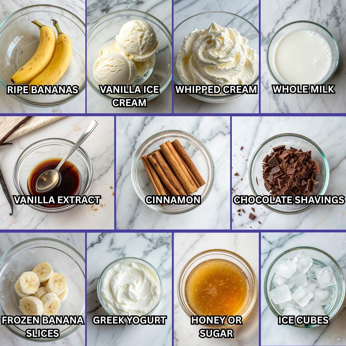 Bowls of ingredients for a banana milkshake, including bananas, vanilla ice cream, and milk, arranged on a marble countertop