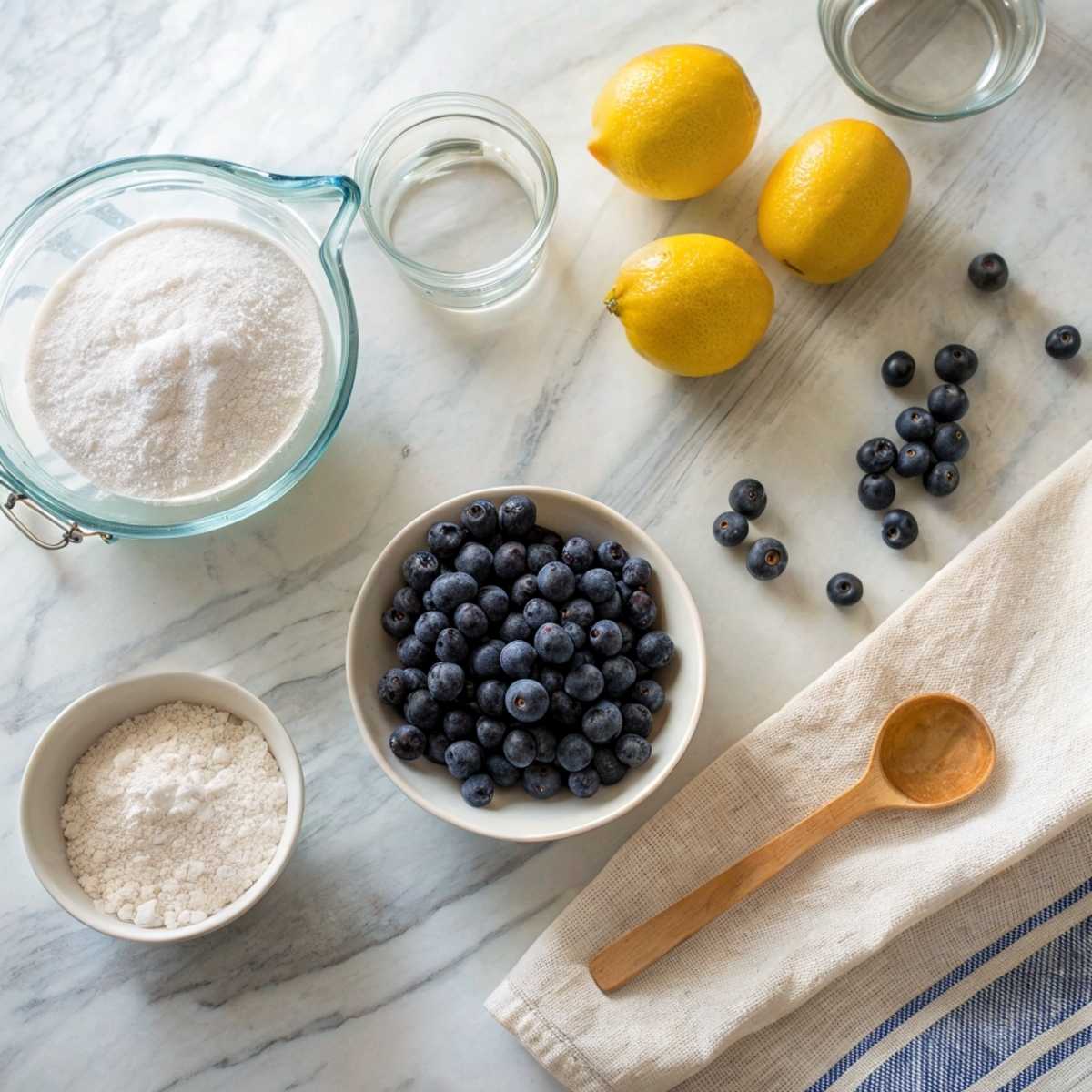 Fresh ingredients for Easy Blueberry Lemonade including fresh blueberries, whole lemons, and granulated sugar arranged on a modern marble surface.