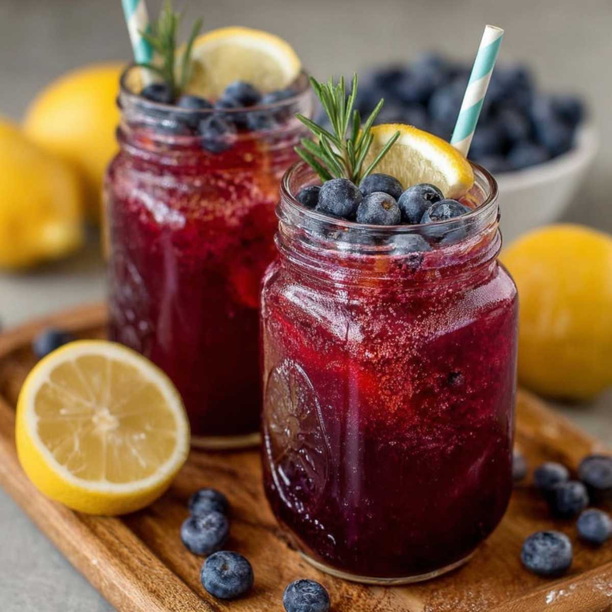 Easy Blueberry Lemonade in two mason jars on a wooden tray, showcasing its vibrant purple-red color with fresh blueberries and lemon slices