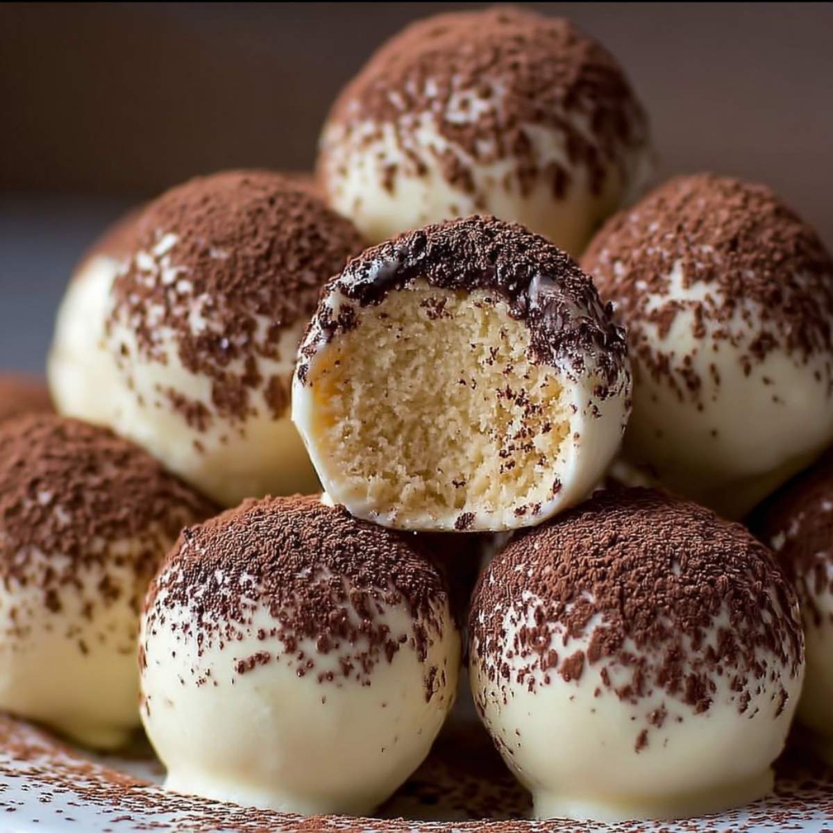 A stack of Easy Tiramisu Truffles, showcasing their white chocolate coating, cocoa dusting, and creamy mascarpone filling