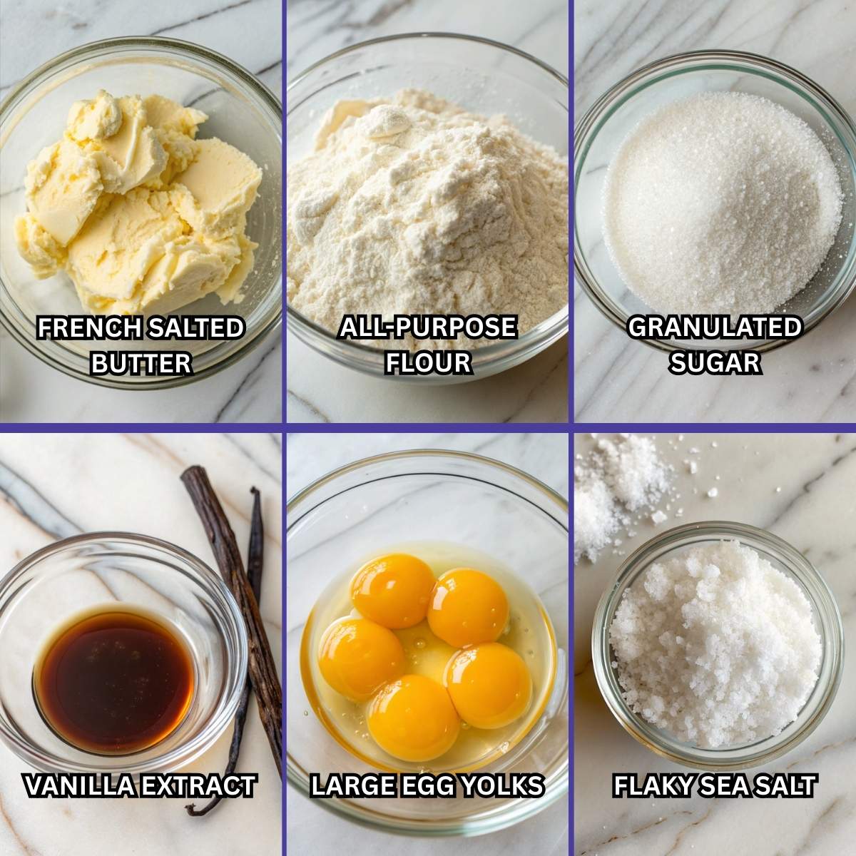 Fresh ingredients for French Salted Butter Cookies including French salted butter, all-purpose flour, and large egg yolks arranged on a modern marble surface