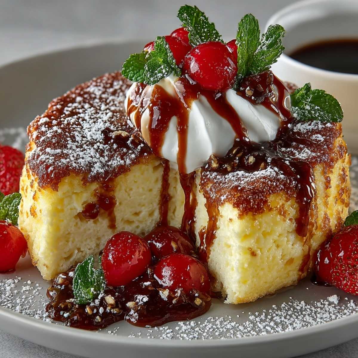 Japanese Soufflé Pancakes on a modern grey plate, showcasing its incredibly tall and fluffy texture with whipped cream, cherries, and mint