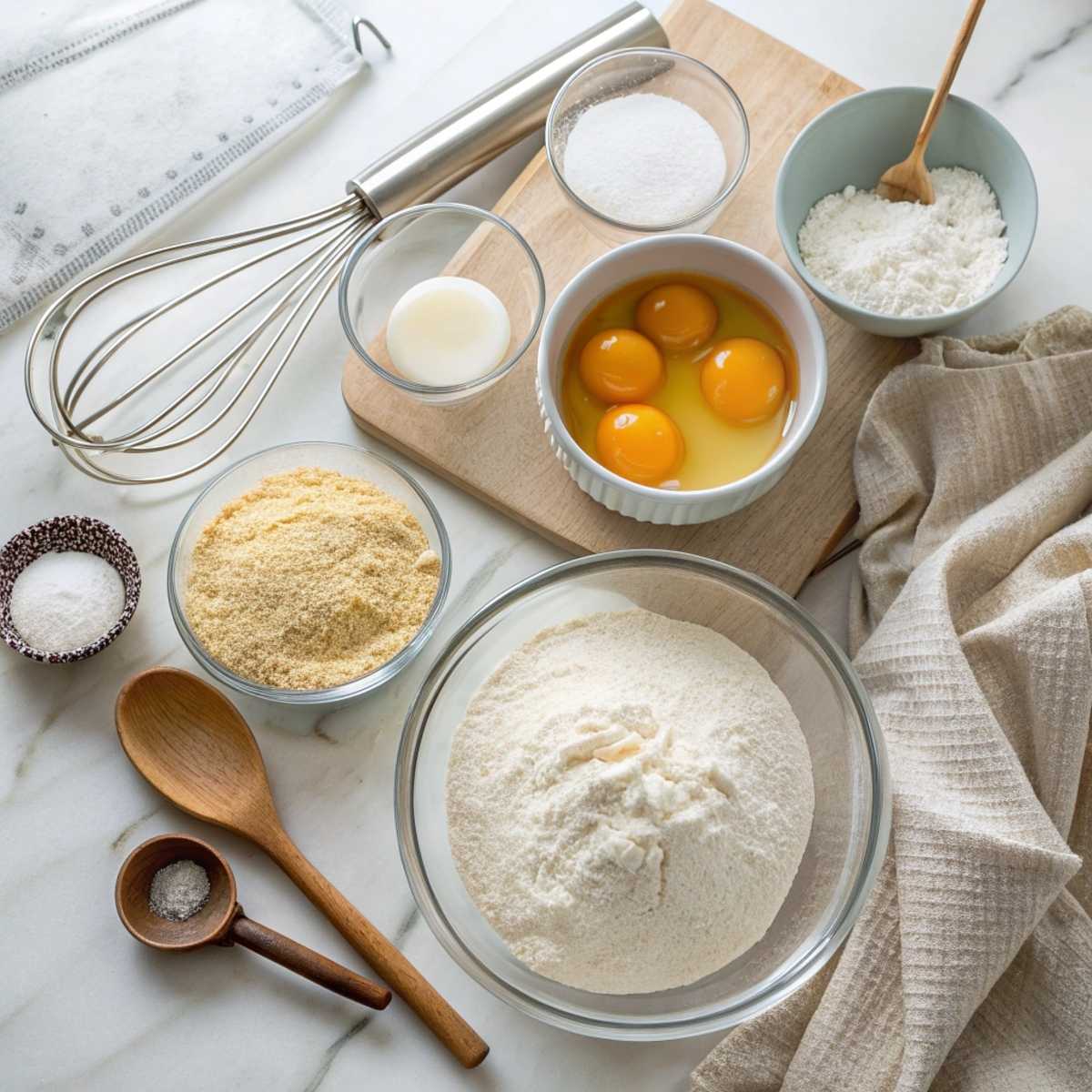 Fresh ingredients for Japanese Soufflé Pancakes including cake flour, separated eggs, milk, and sugar arranged on a modern marble surface