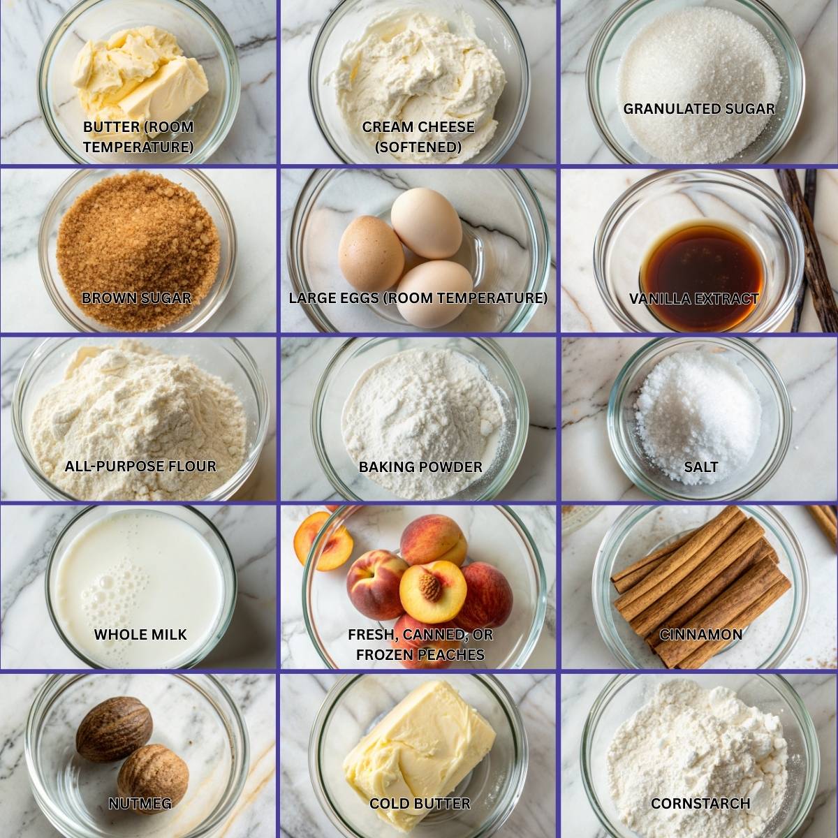 Ingredients for Peach Cobbler Pound Cake including flour, sugar, butter, and peaches arranged in glass bowls on a marble countertop