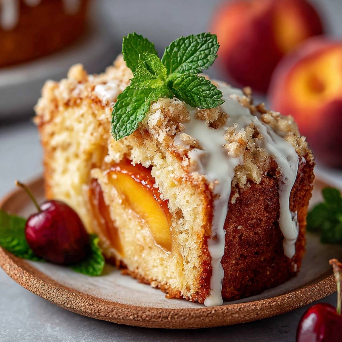 Peach Cobbler Pound Cake on a modern plate, showcasing its golden crust, crumbly streusel topping, and juicy peach filling with a drizzle of glaze