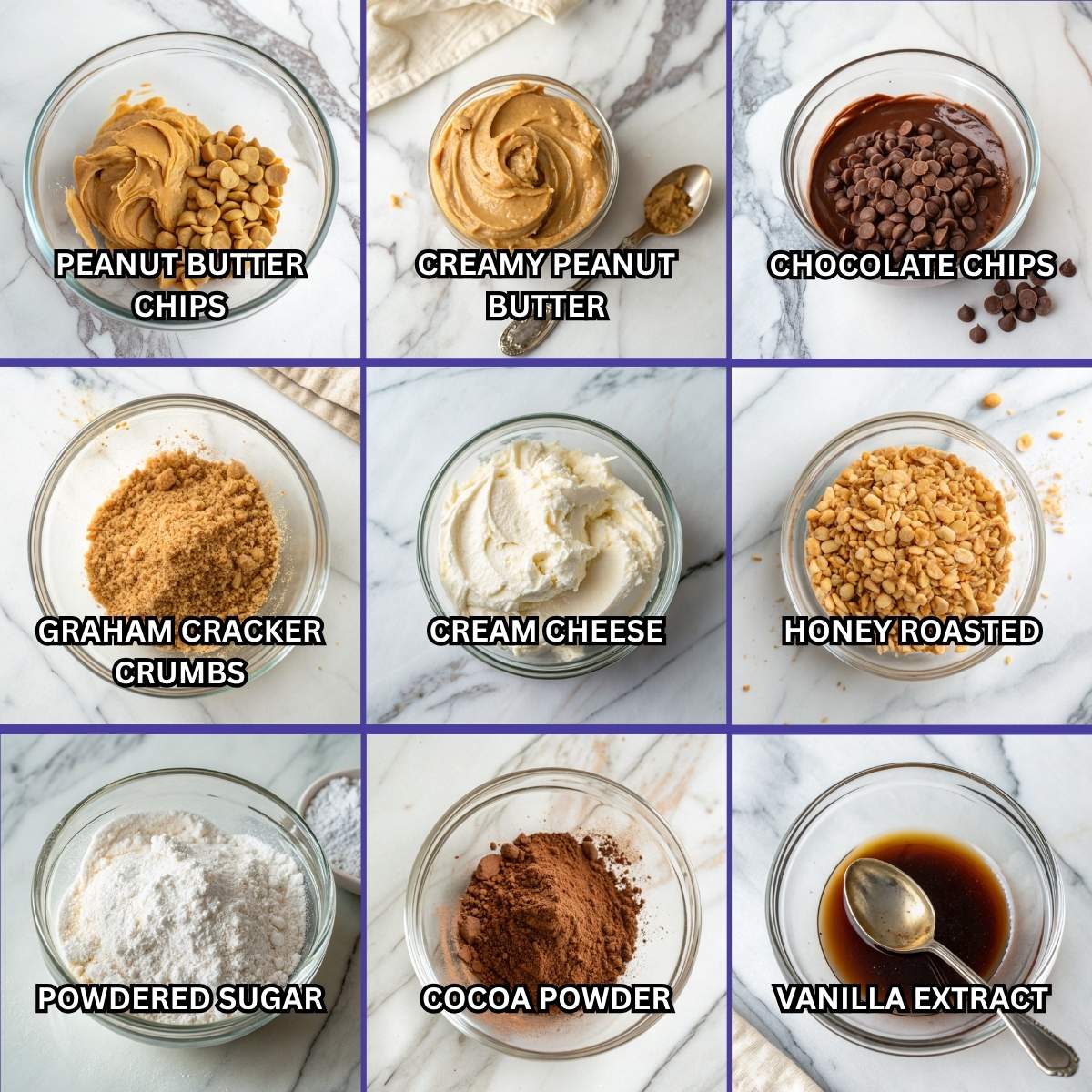 Fresh ingredients for Peanut Butter Cheesecake Balls including cream cheese, peanut butter, powdered sugar, and chocolate chips arranged on a modern marble surface
