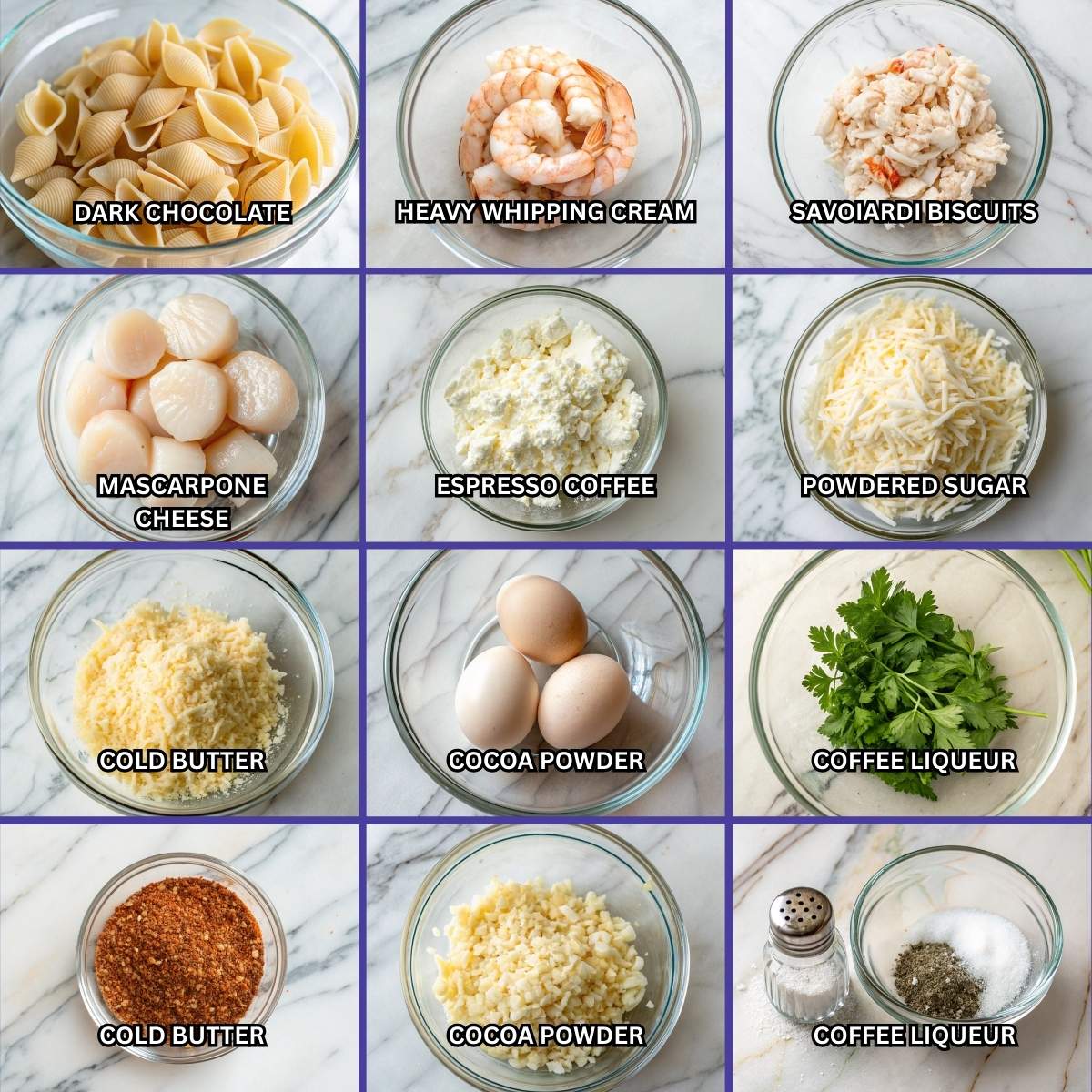Fresh ingredients for Seafood Stuffed Shells including jumbo shells, shrimp, crab, and various cheeses arranged on a modern marble surface