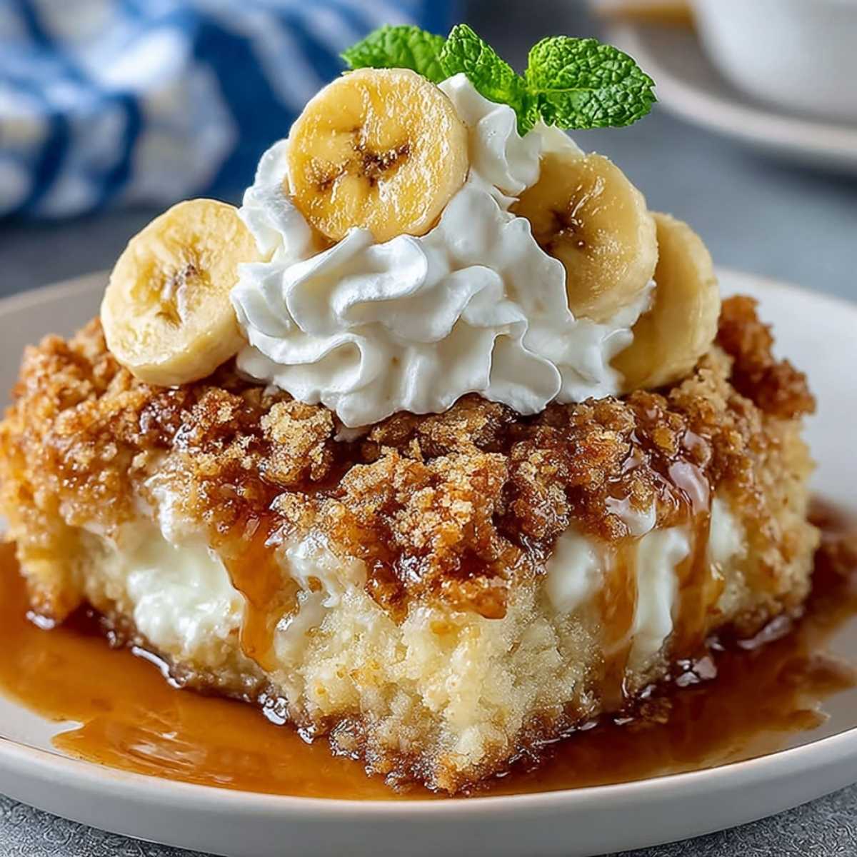A serving of Southern Banana Cobbler on a white plate, showcasing its golden crispy topping, topped with whipped cream and fresh banana slices
