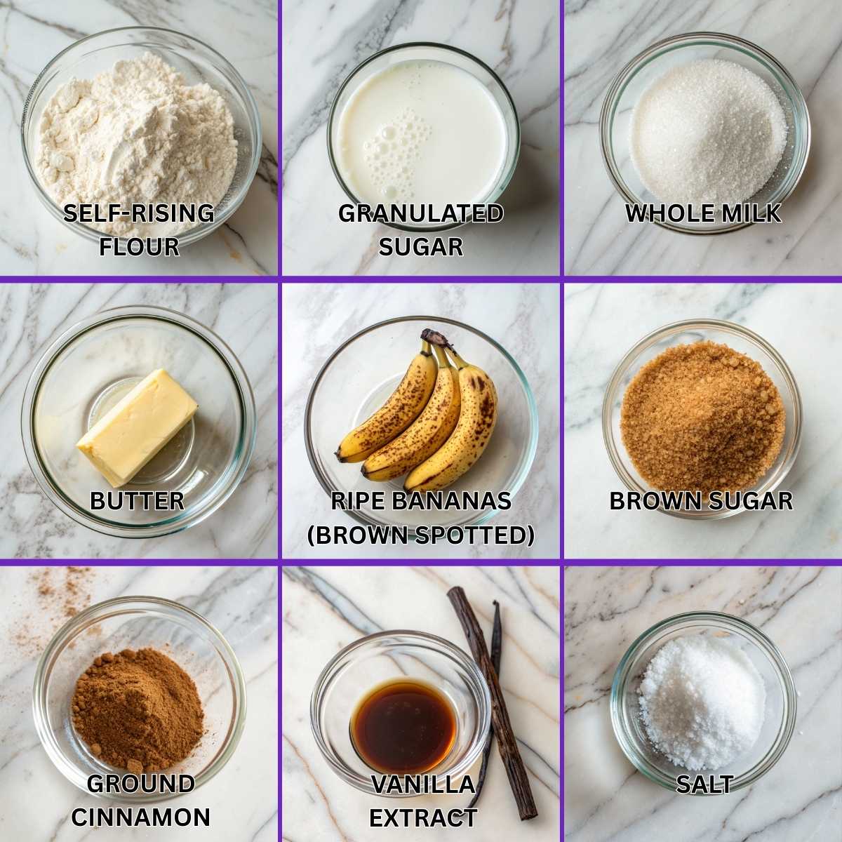 Fresh ingredients for Southern Banana Cobbler including self-rising flour, ripe bananas, and brown sugar arranged on a modern marble surface