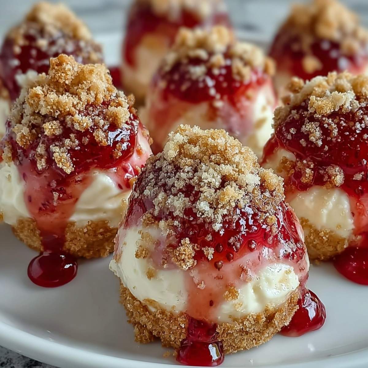 Strawberry Cheesecake Crunch Bites on a white plate, showcasing a crunchy crumble topping and sweet strawberry drizzle over the creamy filling