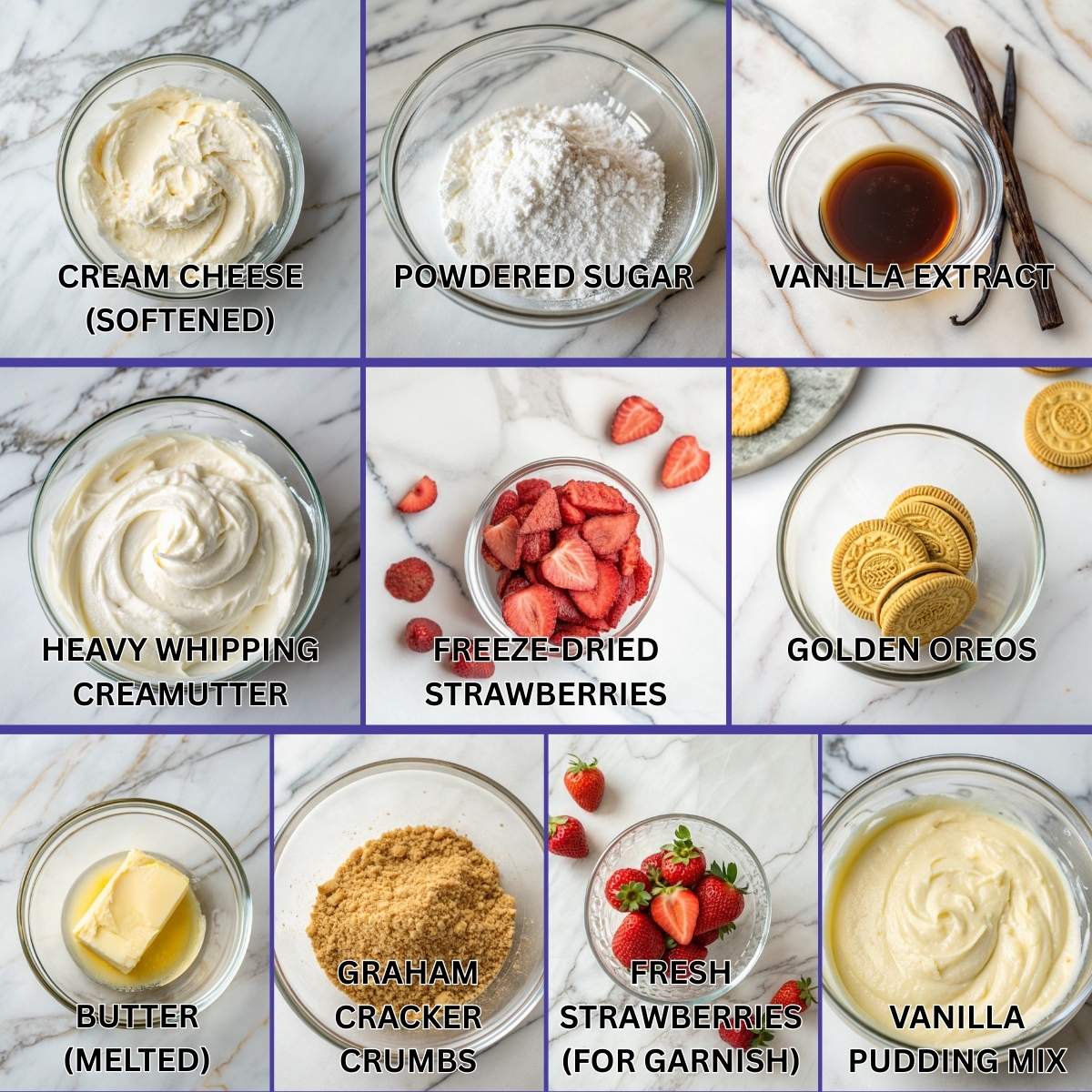 Fresh ingredients for Strawberry Cheesecake Crunch Bites including cream cheese, Golden Oreos, and freeze-dried strawberries arranged on a marble surface