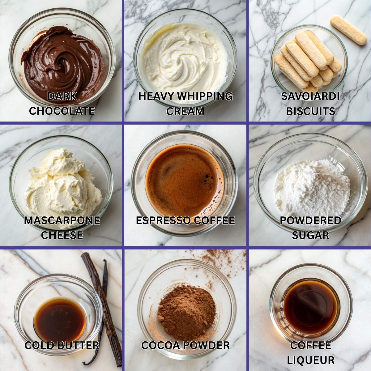 Ingredients for Tiramisu Truffles including mascarpone cheese, Savoiardi biscuits, espresso, and cocoa powder on a marble surface