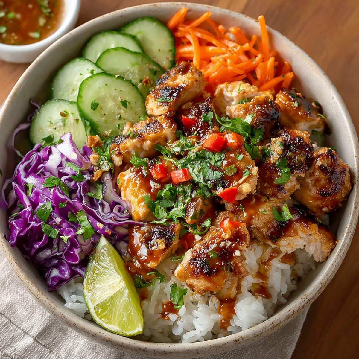 Bang Bang Chicken Bowl with creamy bang bang sauce, shredded red cabbage, and julienned carrots on a wooden surface