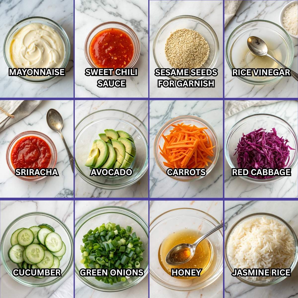 Ingredients for the bang bang sauce and chicken bowl toppings, including mayonnaise, sweet chili sauce, honey, sriracha, carrots, and avocado.
