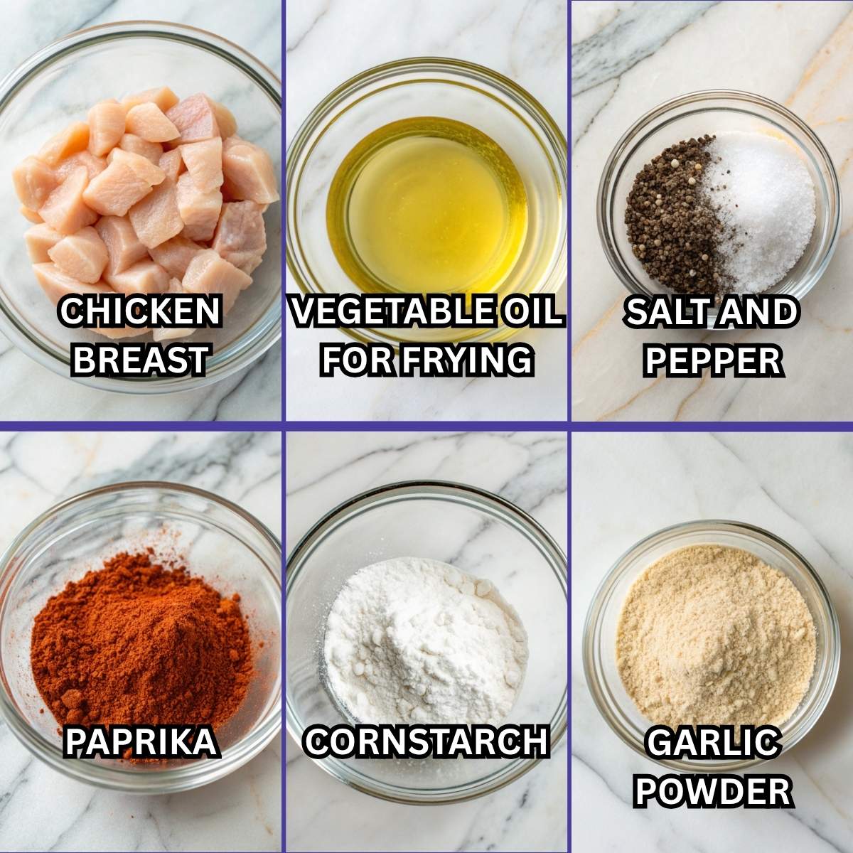 Ingredients for the crispy bang bang chicken: cubed chicken breast, cornstarch, garlic powder, paprika, salt, and pepper arranged on a marble background