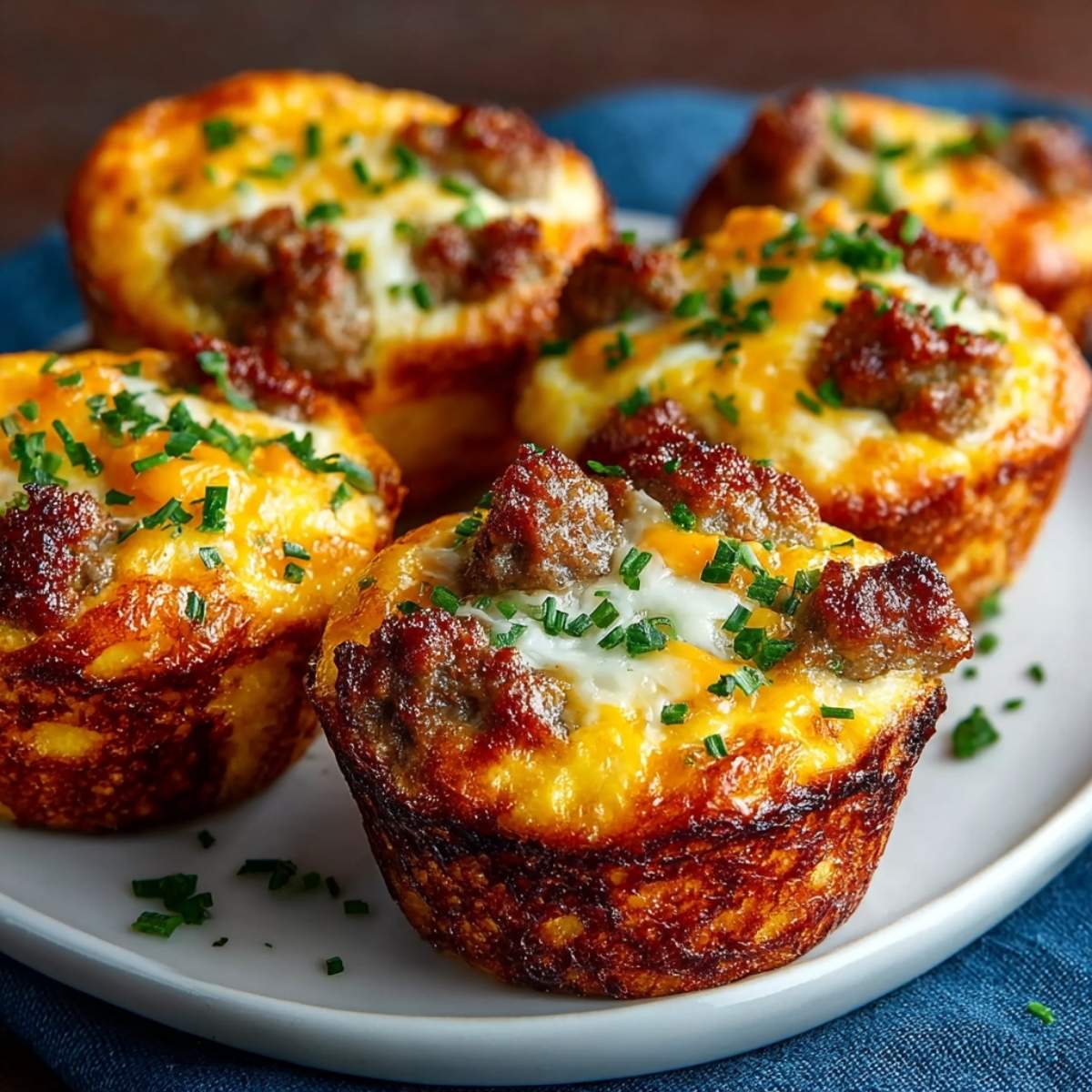 Bisquick Sausage Egg and Cheese Muffins on a white plate, showcasing their golden tops with melted cheddar cheese and chive garnish