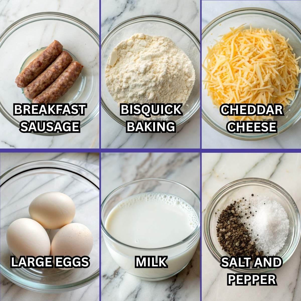 Fresh ingredients for Bisquick Sausage Egg and Cheese Muffins including Bisquick mix, Jimmy Dean sausage, eggs, and shredded cheddar cheese arranged on a modern marble surface