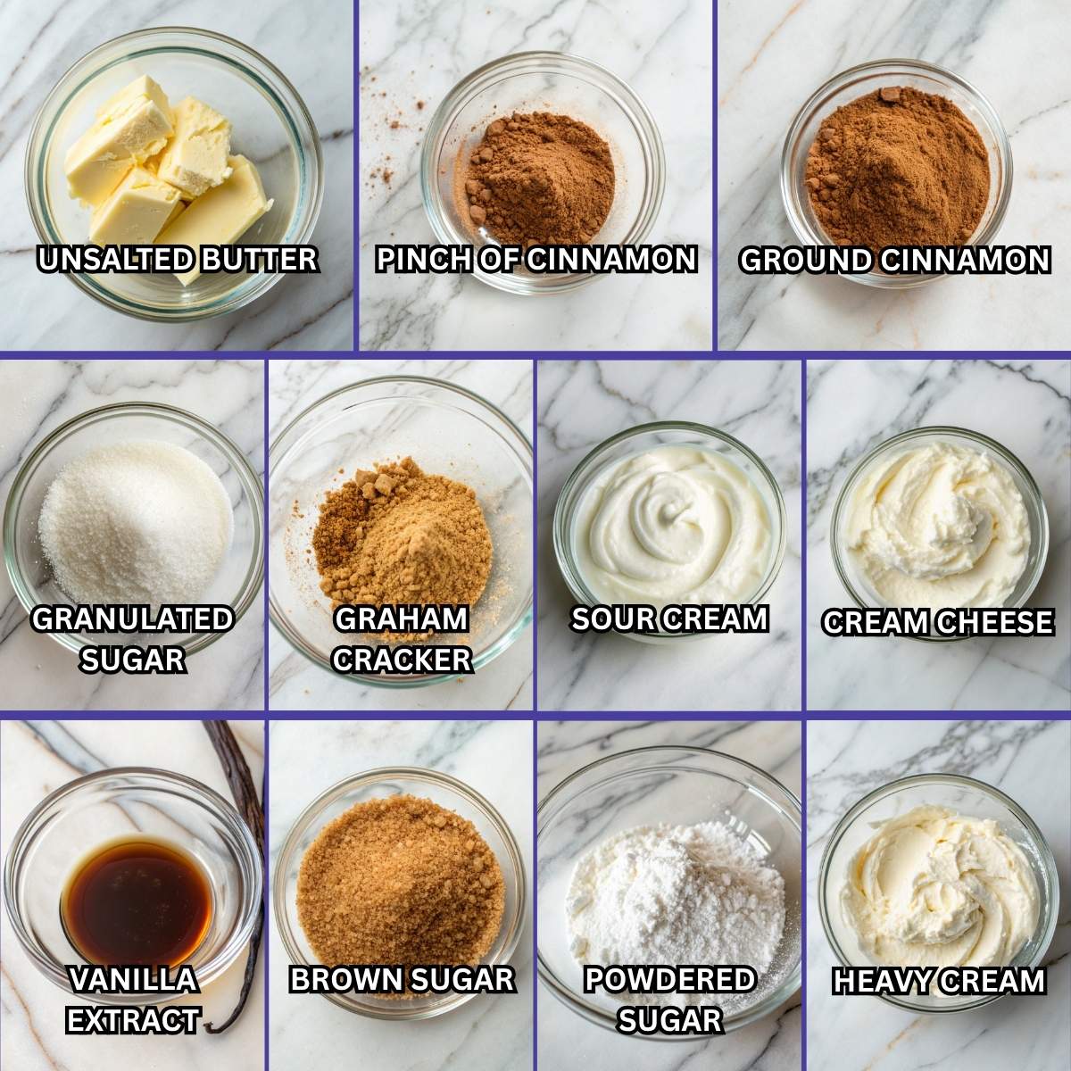 Fresh ingredients for Cinnamon Roll Honey Bun Cheesecake including cream cheese, graham cracker crumbs, and brown sugar arranged on a modern marble surface