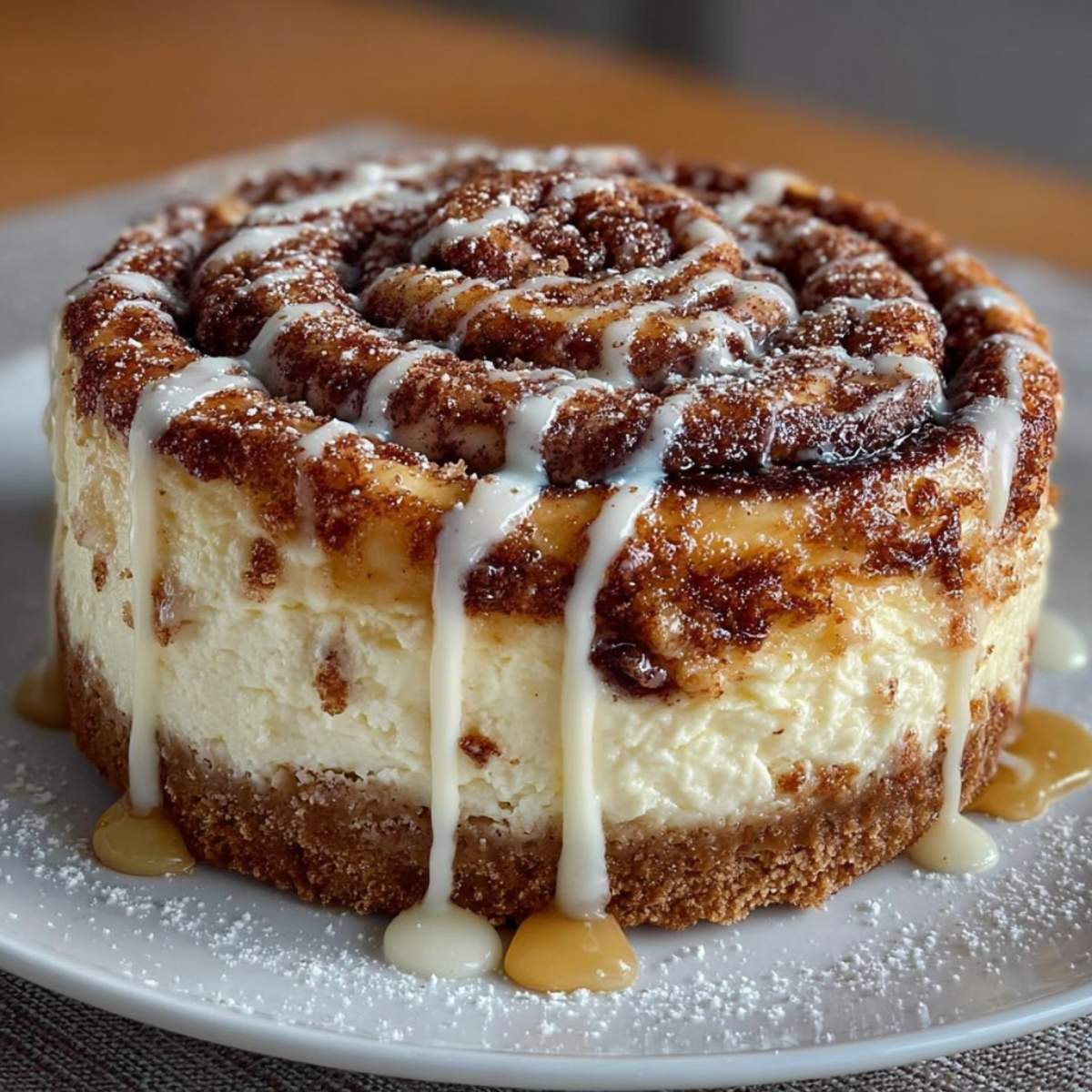 Cinnamon Roll Honey Bun Cheesecake on a modern white plate, showcasing its prominent cinnamon swirl and creamy glaze with graham cracker crust
