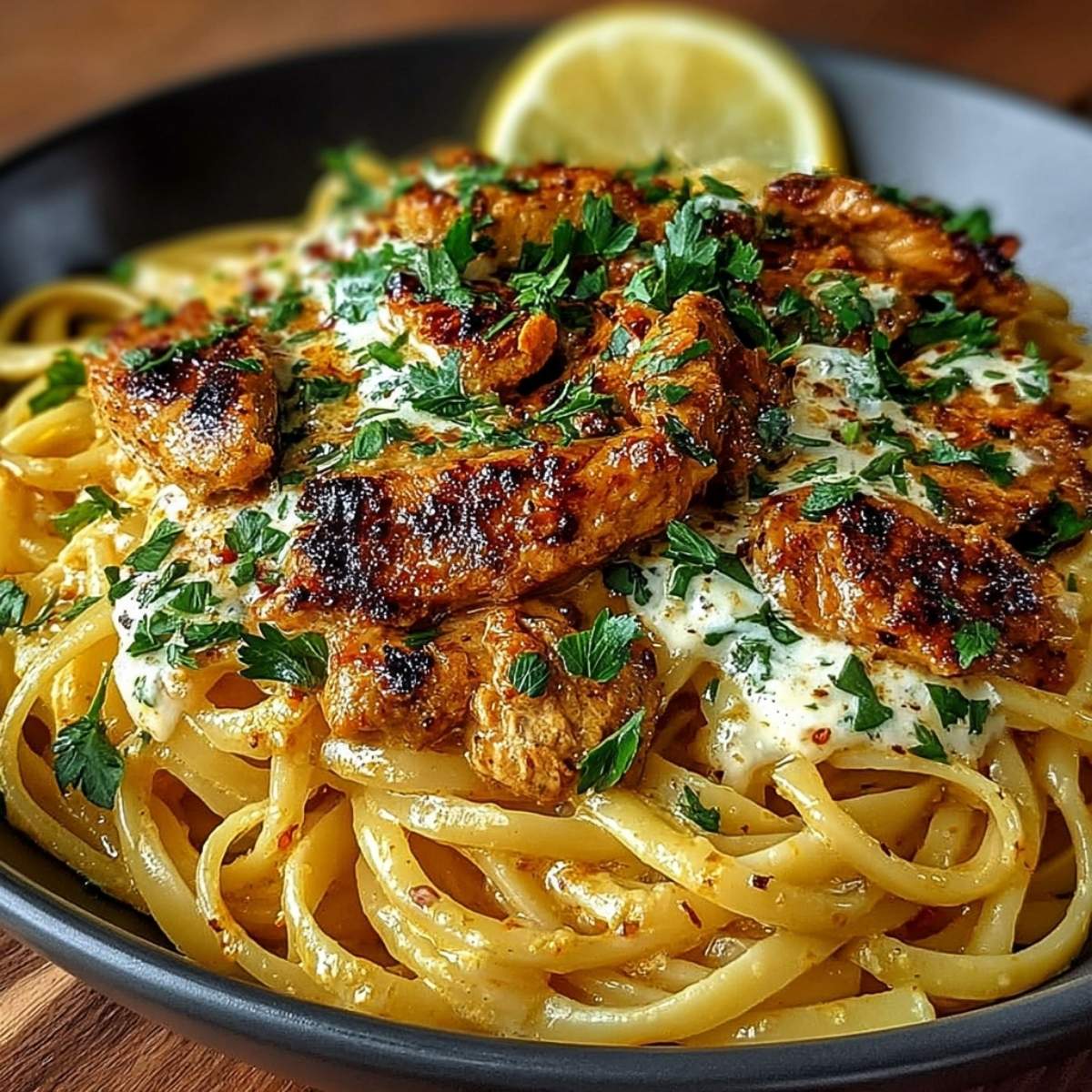Cowboy Butter Chicken Linguine on a modern marble countertop, showcasing its creamy sauce and perfectly seasoned chicken with fresh herbs