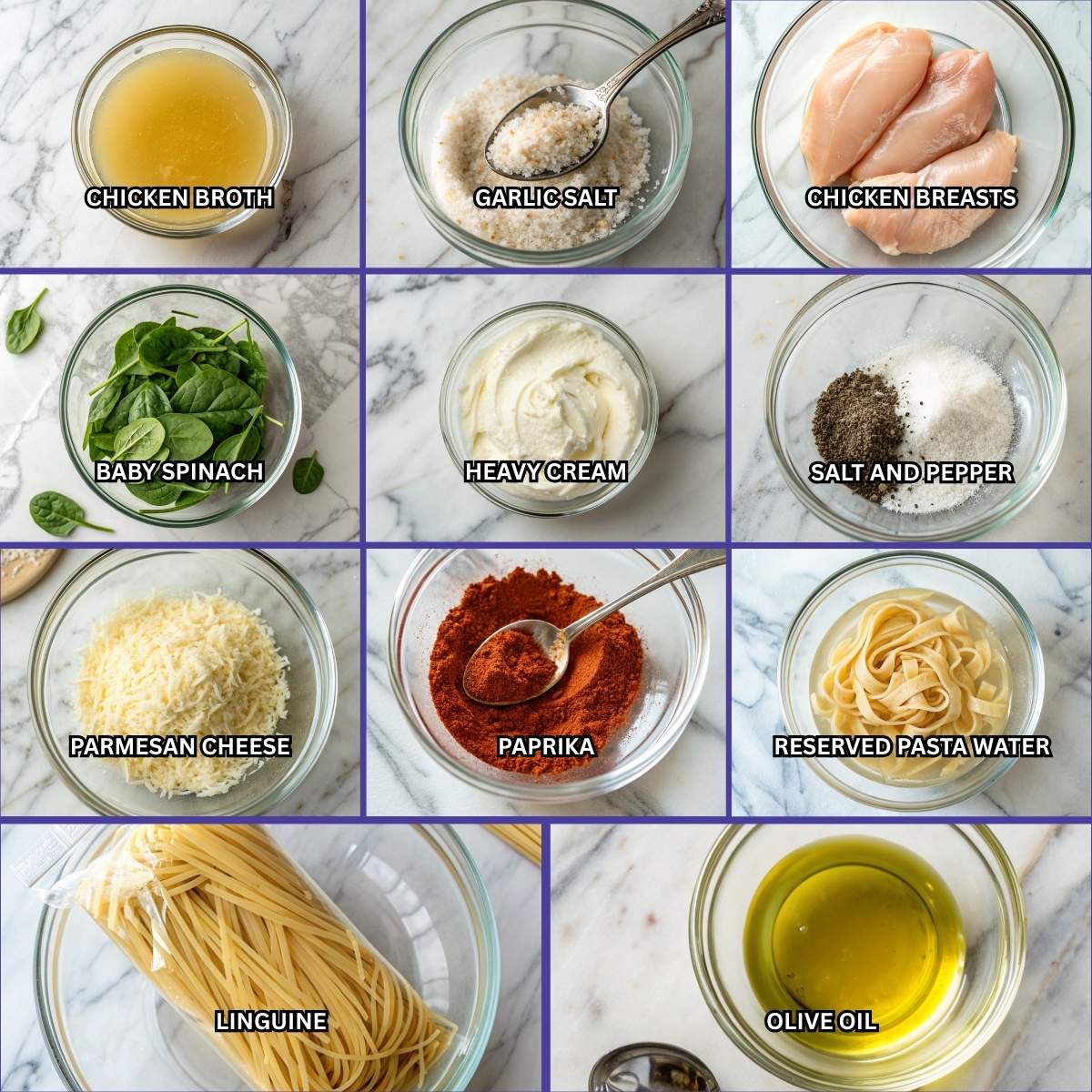 All ingredients for Easy Cowboy Butter Chicken Linguine, including chicken, linguine, heavy cream, parmesan, and fresh herbs, arranged on a marble surface