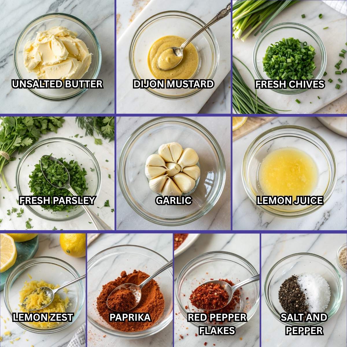 Fresh ingredients for Cowboy Butter including softened butter, fresh parsley, chives, minced garlic, lemon zest, and red pepper flakes arranged on a modern marble surface
