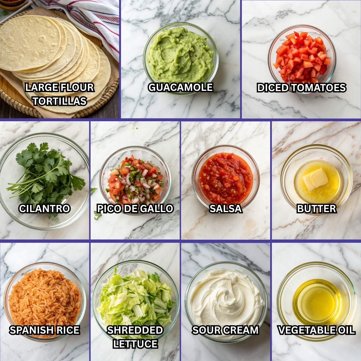 Assembly and serving ingredients for Easy Crispy Beef and Cheese Chimichangas, including tortillas, salsa, guacamole, and sour cream, on a marble surface