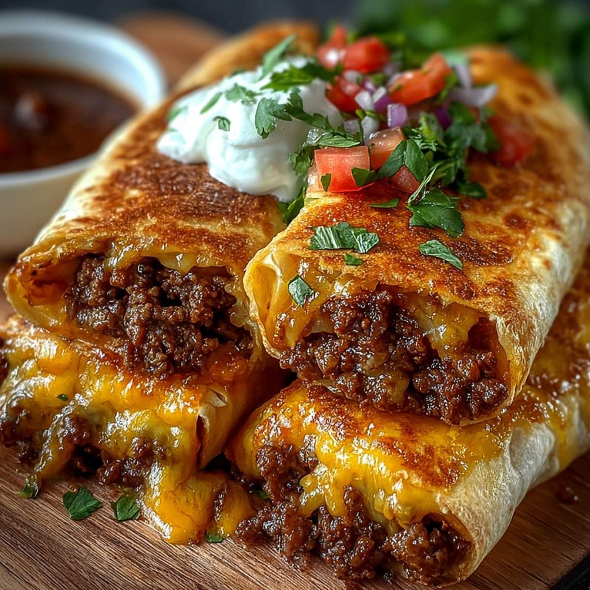 Easy Crispy Beef and Cheese Chimichangas on a modern wood cutting board, showcasing its golden shell and rich beef and cheese filling