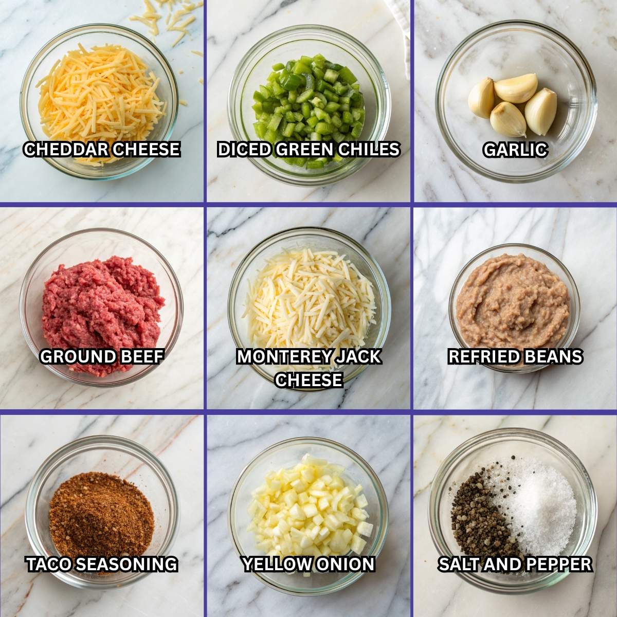 Fresh ingredients for Easy Crispy Beef and Cheese Chimichangas including shredded cheese, ground beef, and refried beans arranged on a marble surface