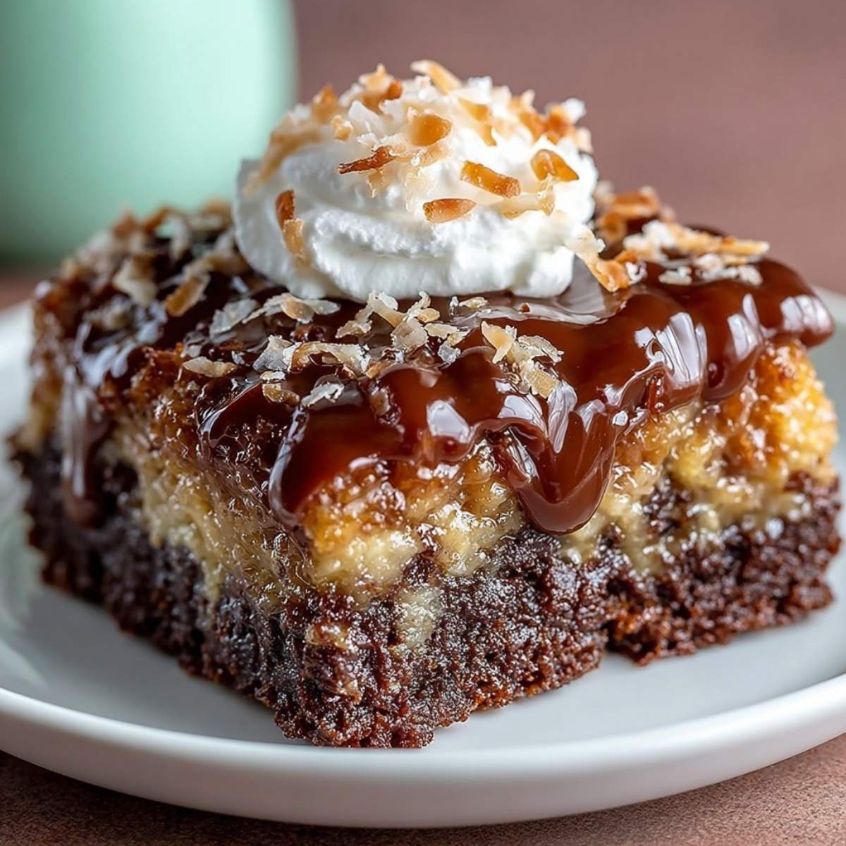German Chocolate Poke Cake with rich chocolate fudge drizzle over a pecan-coconut layer and a dollop of whipped topping