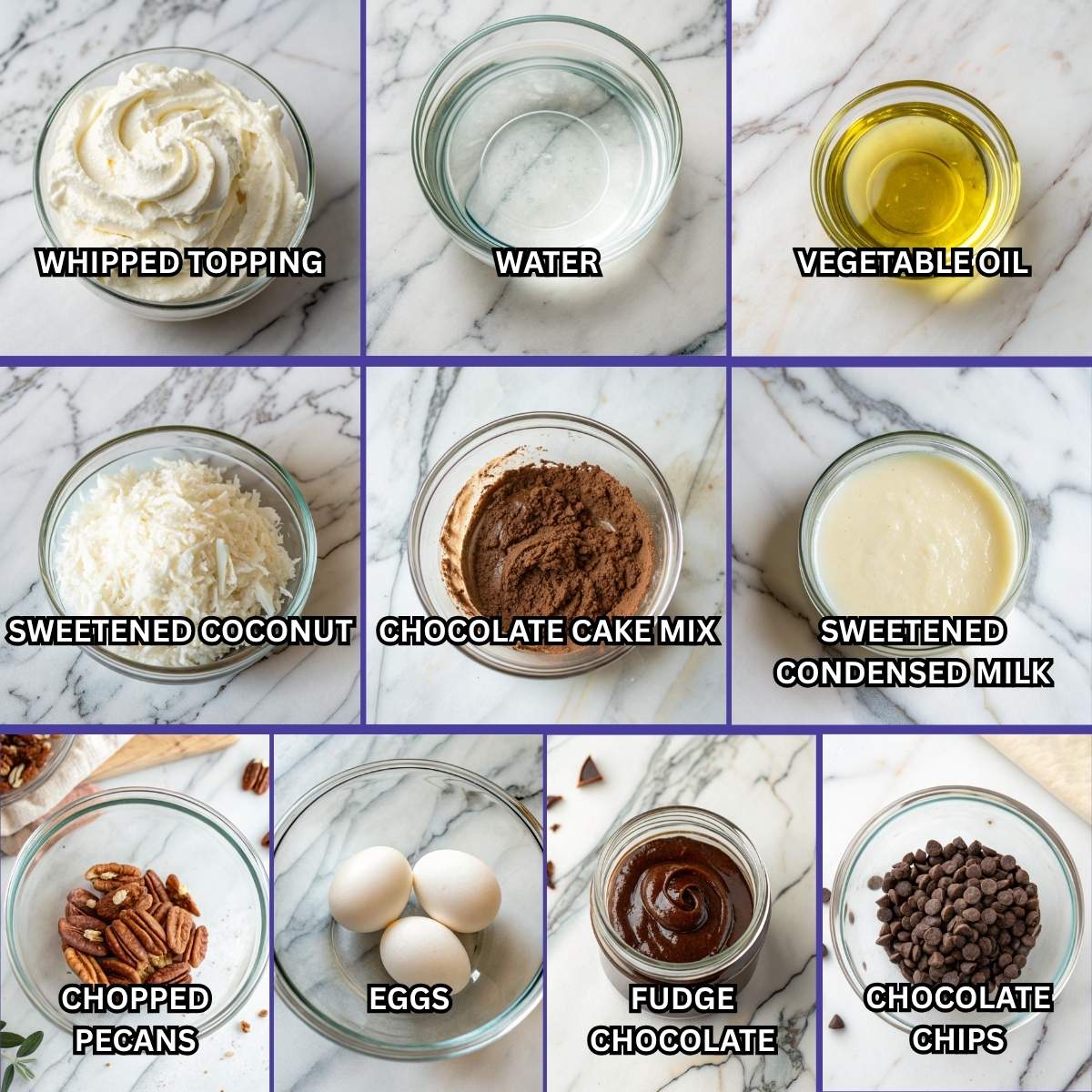 Fresh ingredients for German Chocolate Poke Cake including chocolate cake mix, pecans, shredded coconut, and sweetened condensed milk arranged on a modern marble surface