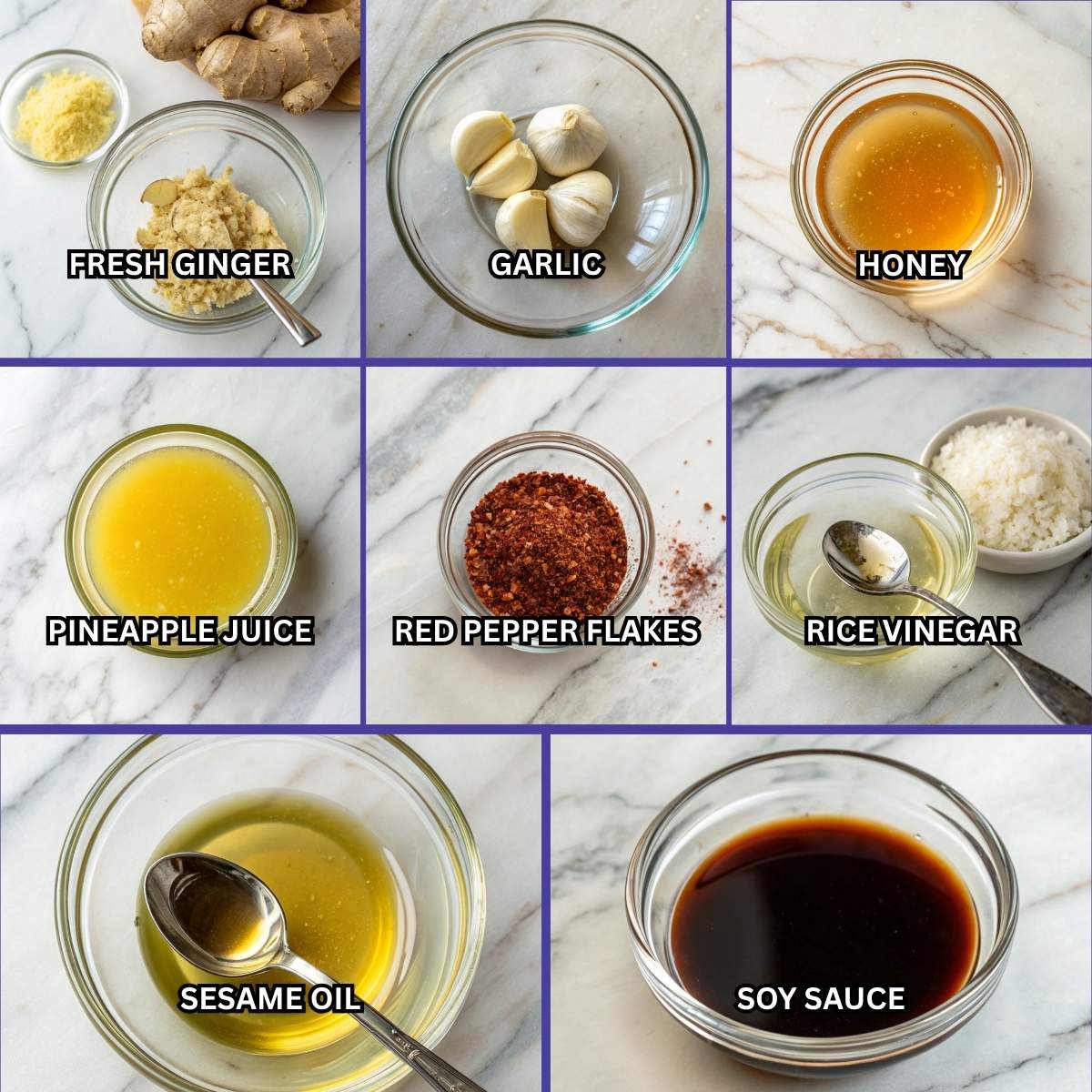 Marinade ingredients for Hawaiian Chicken Sheet Pan, including soy sauce, honey, pineapple juice, ginger, and garlic in small bowls