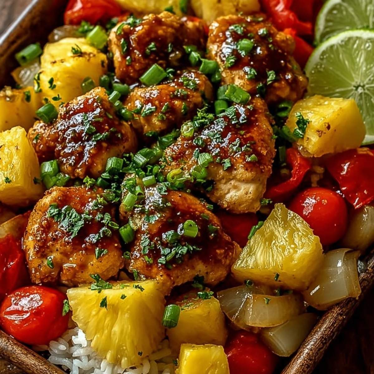 Hawaiian Chicken Sheet Pan on a wooden board, showcasing its caramelized pineapple chunks and glossy chicken in a sweet and tangy sauce